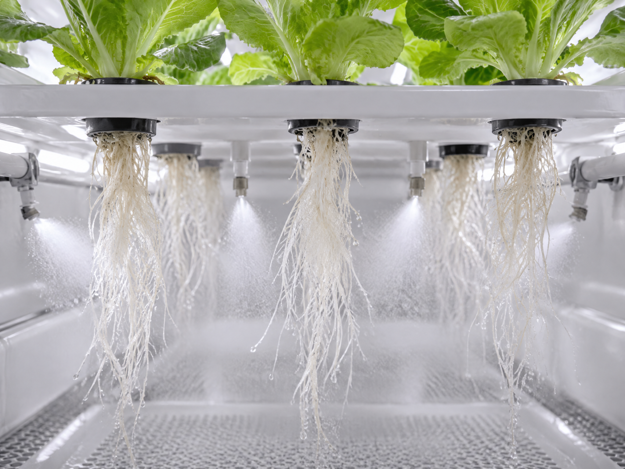 Roots suspended in ultrasonic nutrient mist inside a SOMA aeroponic chamber