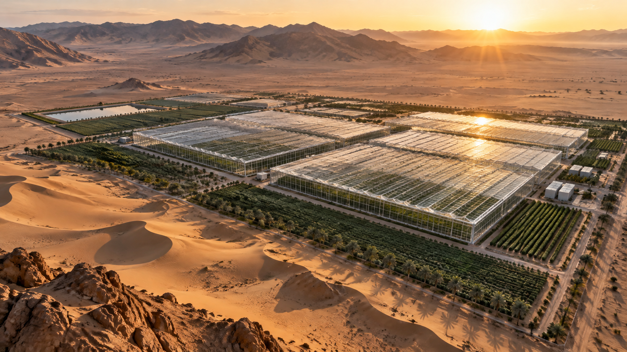 Sunrise aerial view of a SOMA greenhouse complex in the desert
