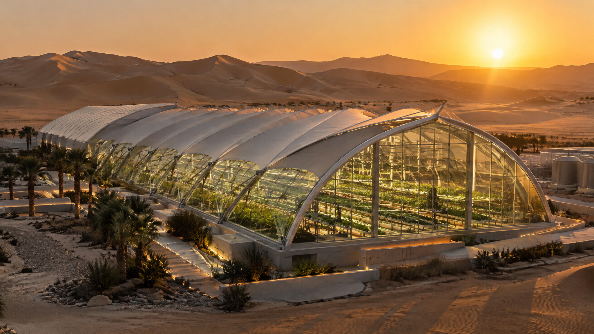 SOMA geothermal aeroponic facility in the UAE desert at golden hour
