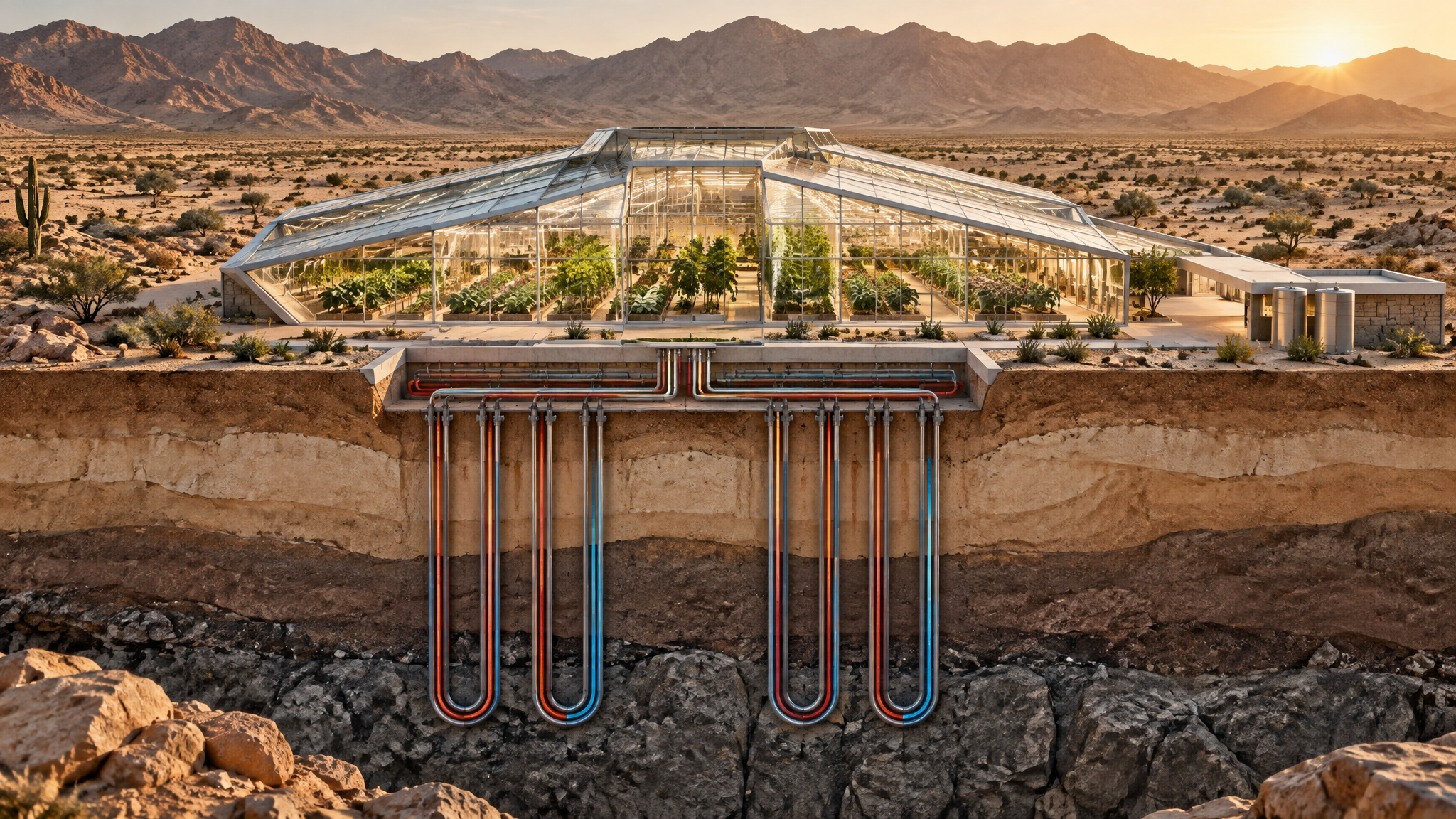 Aerial cutaway of a SOMA geometric greenhouse with underground geothermal loops