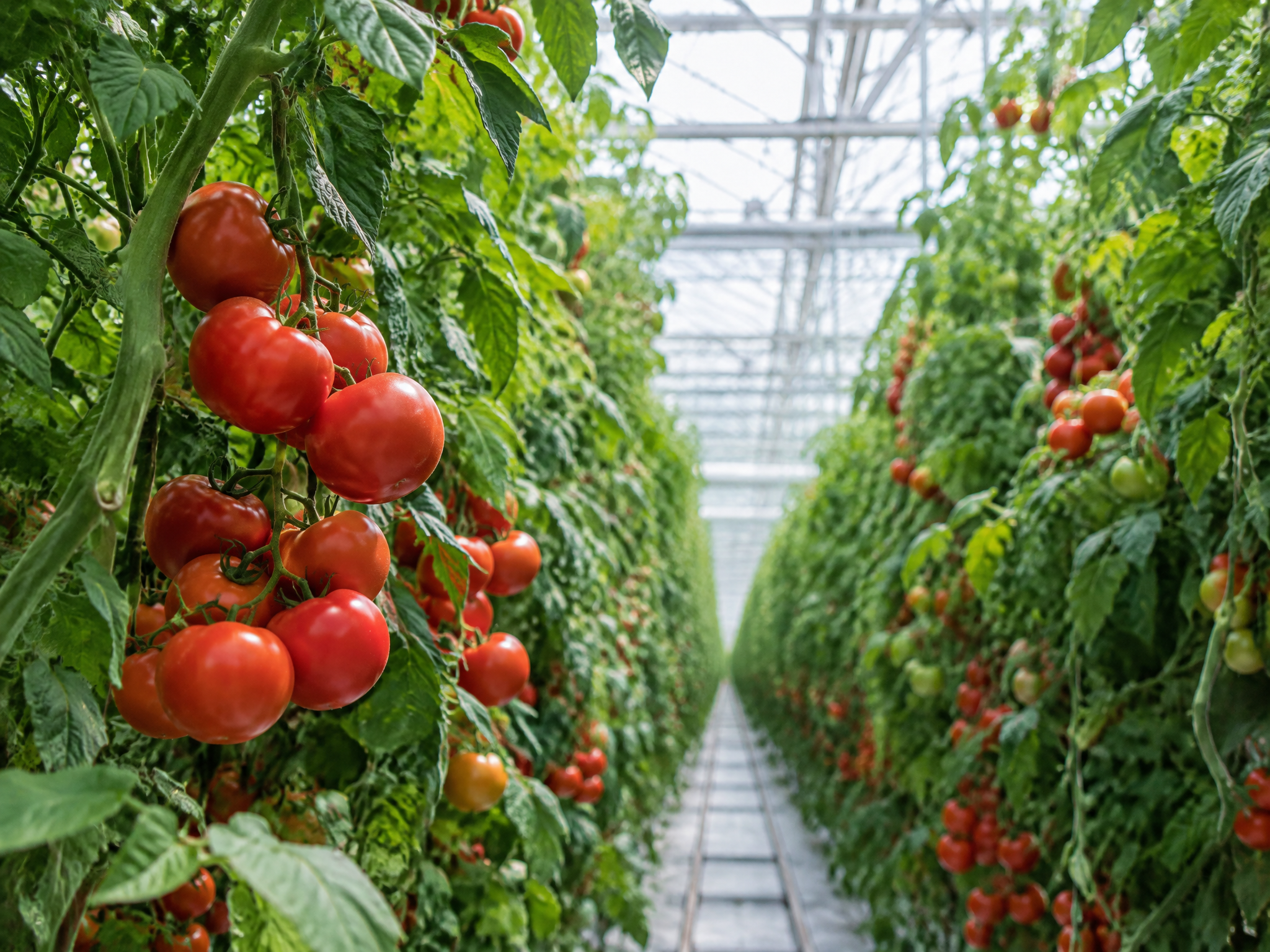 Vine tomatoes under a white geometric greenhouse canopy